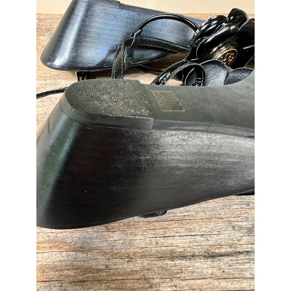 TORY BURCH Reva Logo Flower Blossom Logo Thong Wedge Sandals Breely 8 - Picture 10 of 10